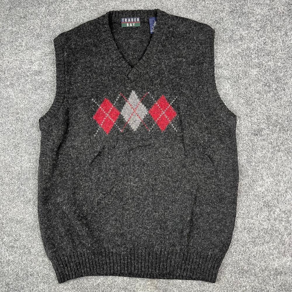 Trader Bay‎ Sweater Vest Mens Size L Gray Wool Argyle V Neck Classic Preppy
